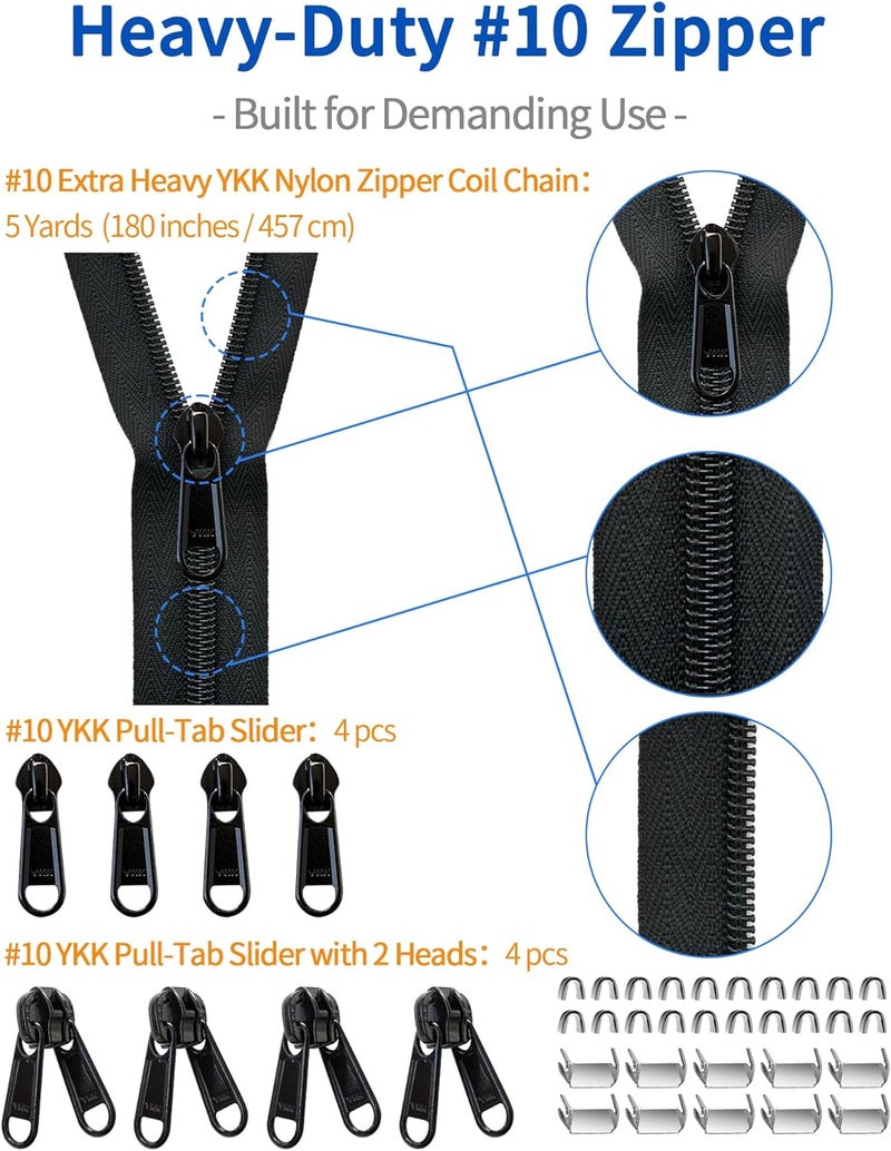 VICHERIA Zipper Repair Kit for YKK #10 Heavy Duty Nylon Zipper Chain 5 Yards Bulk Coil - with 8 Pull-Tab Sliders (4 Long Pull & 4 Double Pull) and Stops，for Outdoor Gear Repair, DIY, Boat Covers, Camping Gear - Image 2